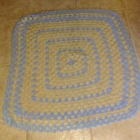 Blue & Tan Crochet Baby Blanket CIRCA 80's